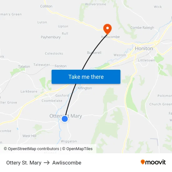 Ottery St. Mary to Awliscombe map