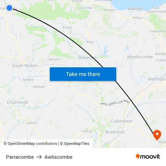 Parracombe to Awliscombe map