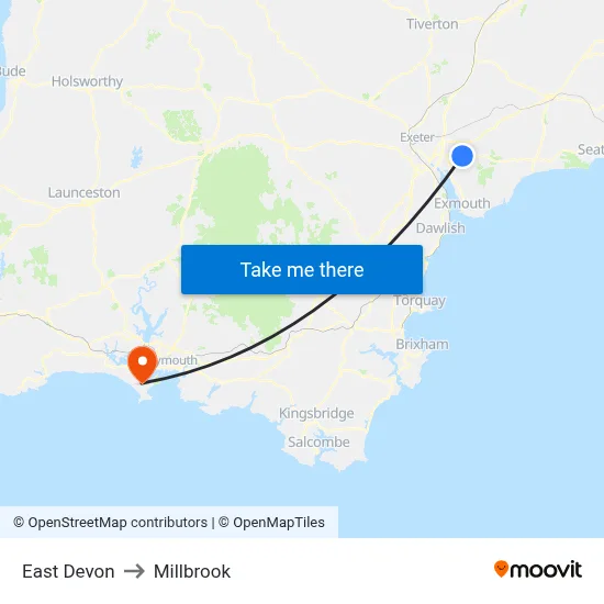 East Devon to Millbrook map