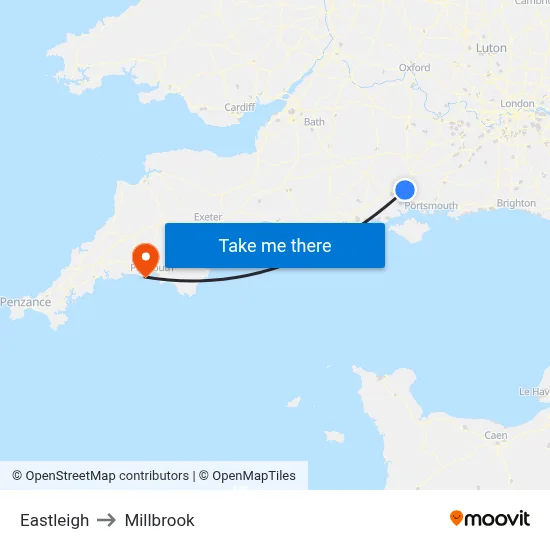 Eastleigh to Millbrook map