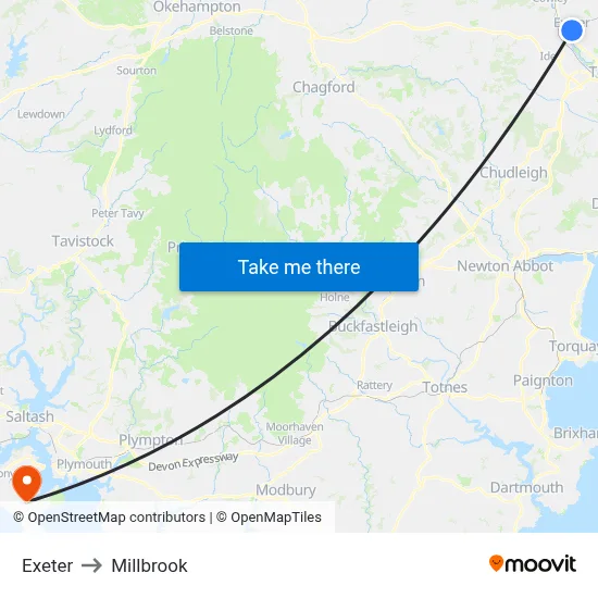 Exeter to Millbrook map