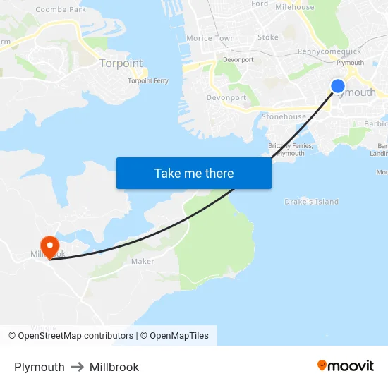 Plymouth to Millbrook map
