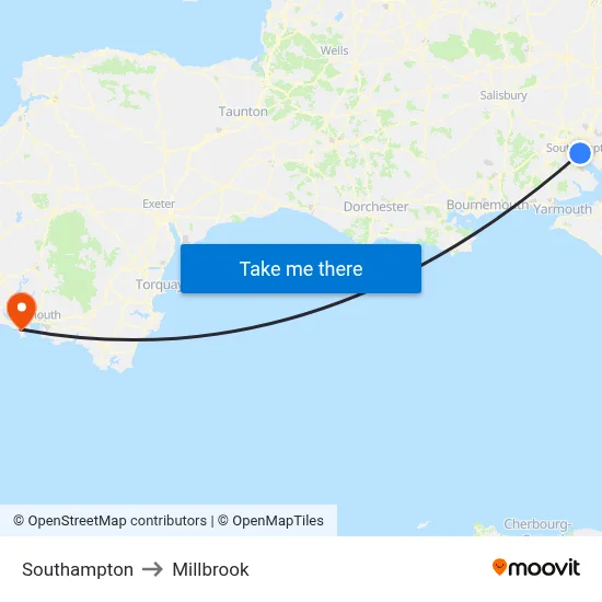 Southampton to Millbrook map