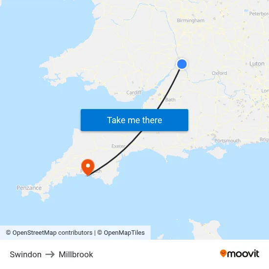 Swindon to Millbrook map