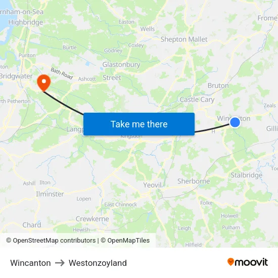 Wincanton to Westonzoyland map