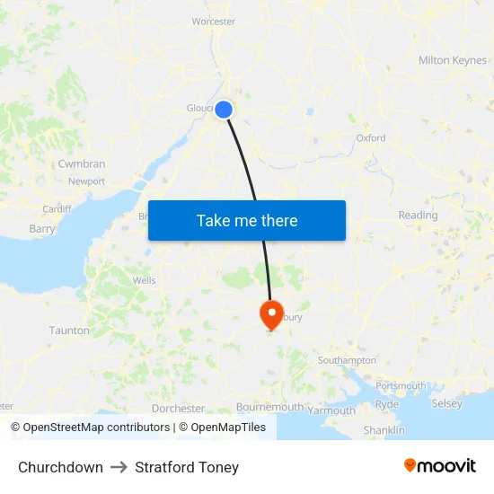 Churchdown to Stratford Toney map