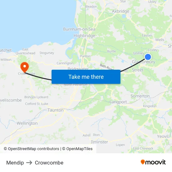 Mendip to Crowcombe map