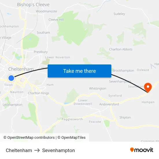 Cheltenham to Sevenhampton map