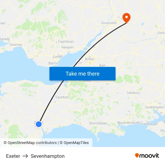 Exeter to Sevenhampton map