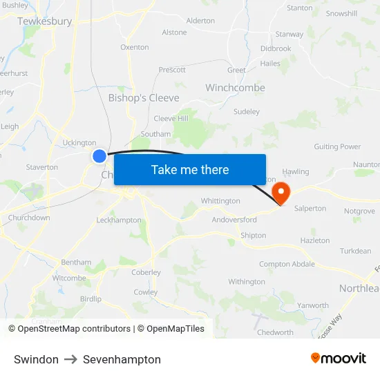 Swindon to Sevenhampton map