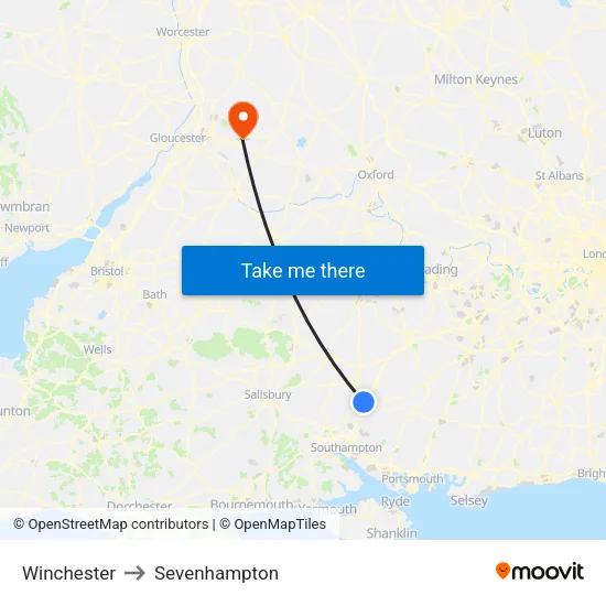 Winchester to Sevenhampton map