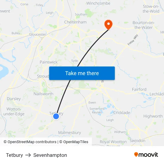 Tetbury to Sevenhampton map