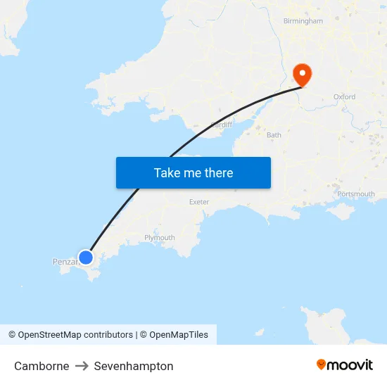 Camborne to Sevenhampton map