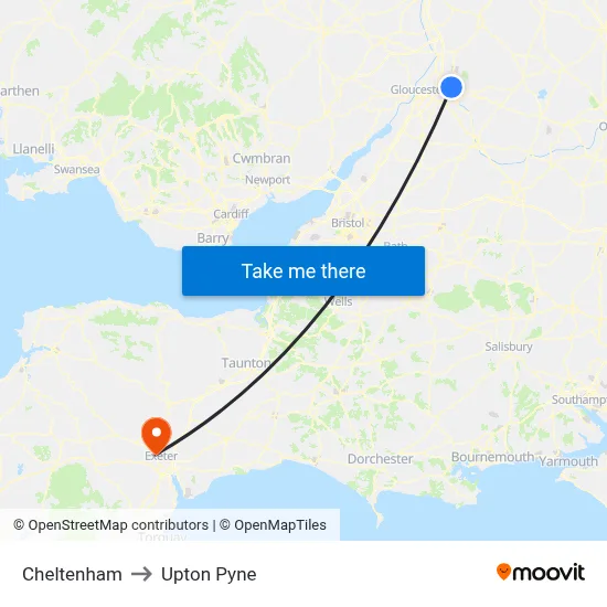 Cheltenham to Upton Pyne map
