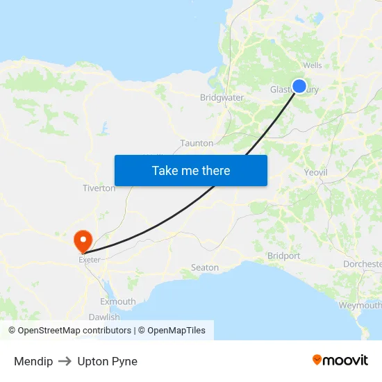 Mendip to Upton Pyne map