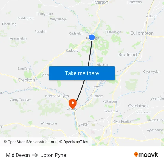 Mid Devon to Upton Pyne map
