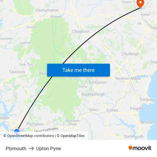 Plymouth to Upton Pyne map