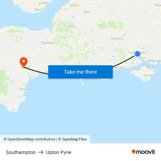 Southampton to Upton Pyne map