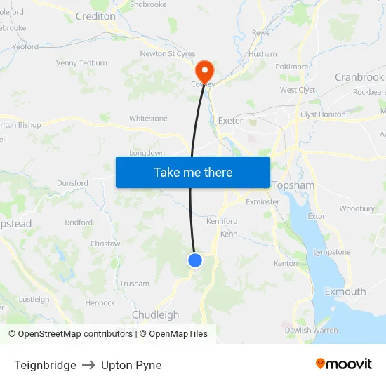 Teignbridge to Upton Pyne map