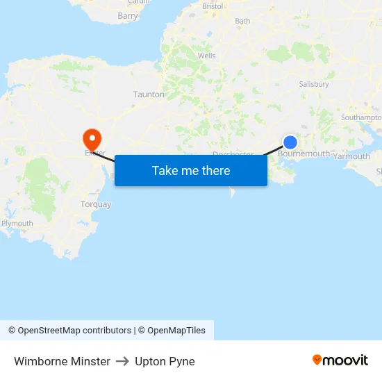 Wimborne Minster to Upton Pyne map