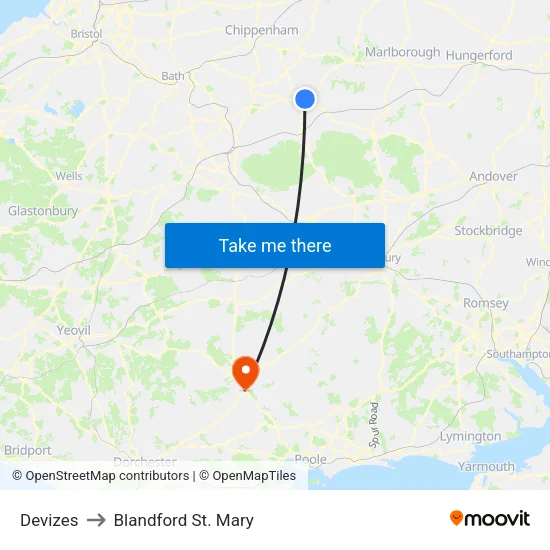 Devizes to Blandford St. Mary map