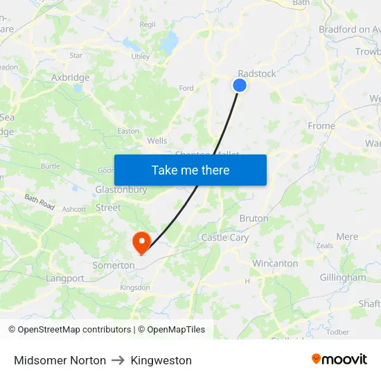 Midsomer Norton to Kingweston map