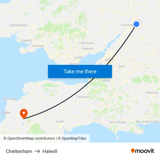 Cheltenham to Halwill map