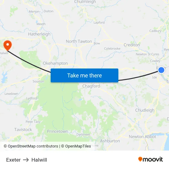 Exeter to Halwill map