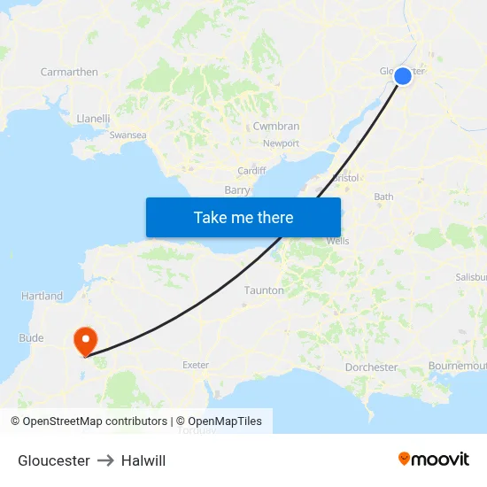 Gloucester to Halwill map