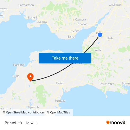 Bristol to Halwill map