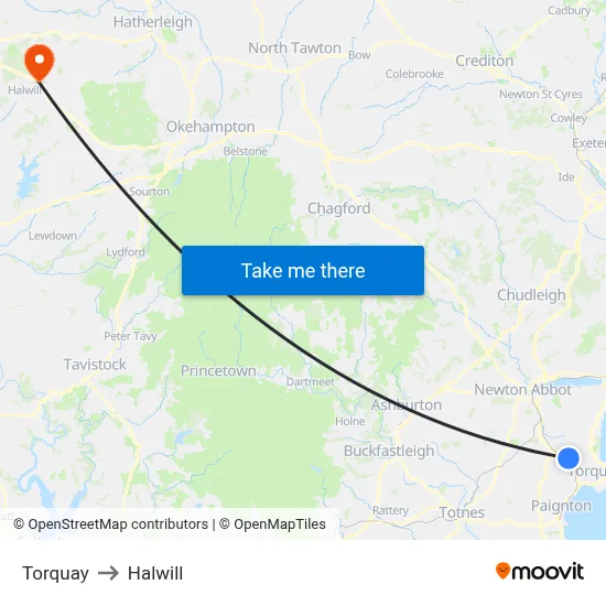 Torquay to Halwill map