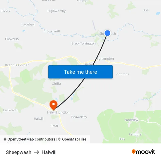 Sheepwash to Halwill map