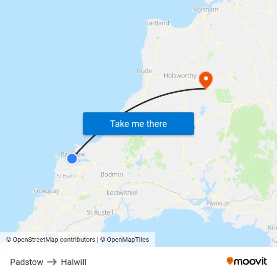 Padstow to Halwill map