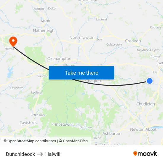 Dunchideock to Halwill map