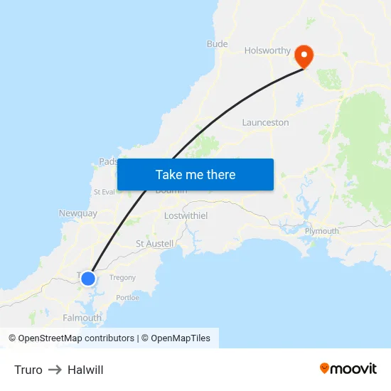 Truro to Halwill map
