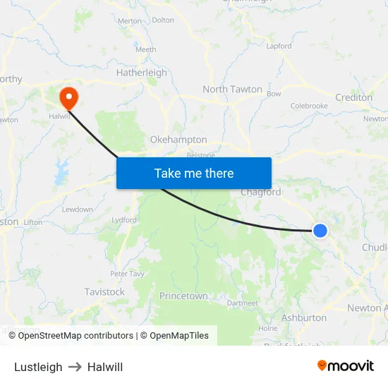 Lustleigh to Halwill map