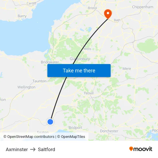 Axminster to Saltford map