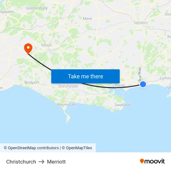 Christchurch to Merriott map