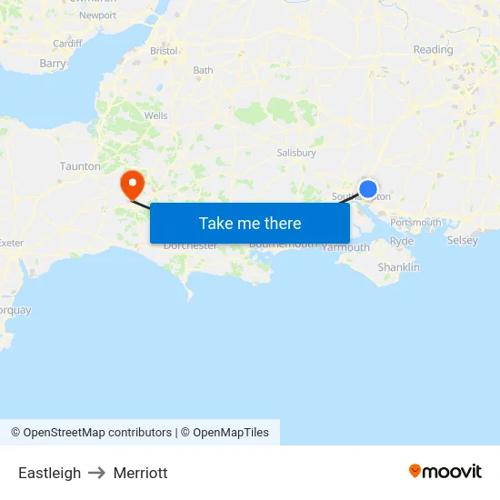 Eastleigh to Merriott map