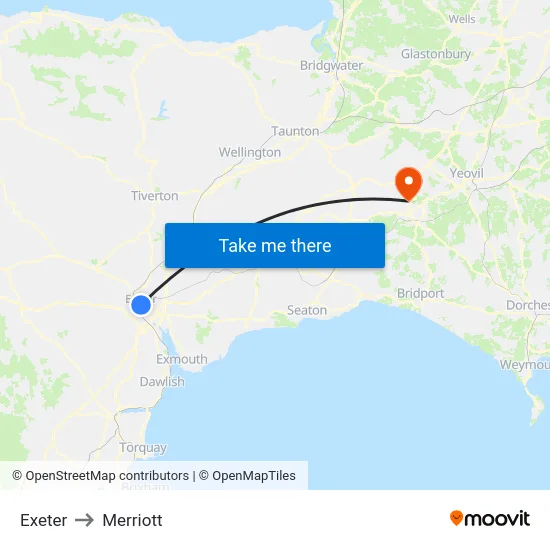 Exeter to Merriott map