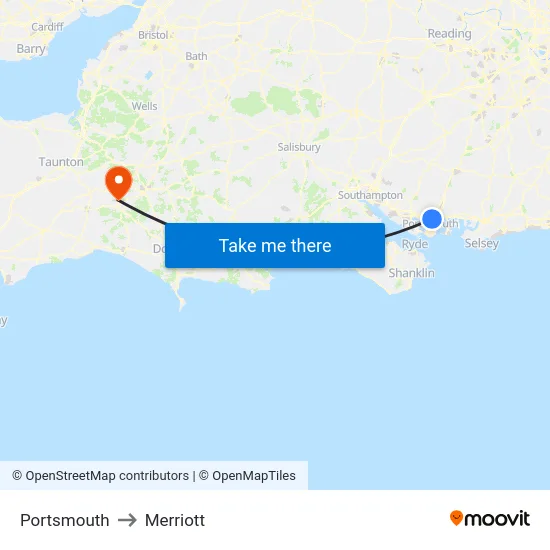 Portsmouth to Merriott map