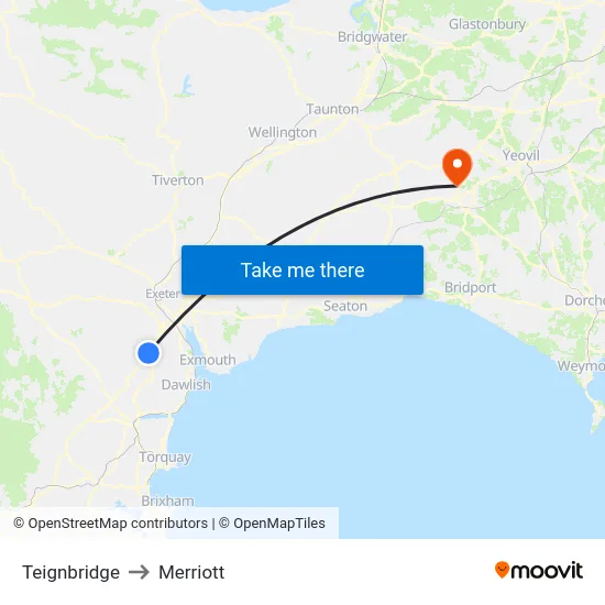 Teignbridge to Merriott map