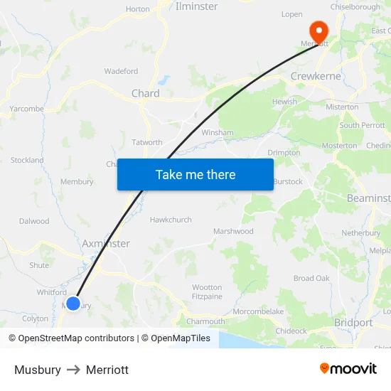 Musbury to Merriott map