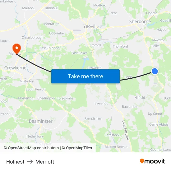Holnest to Merriott map