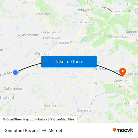 Sampford Peverell to Merriott map