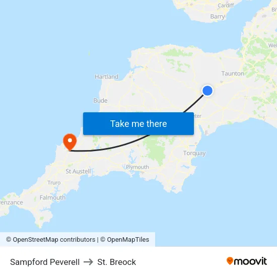 Sampford Peverell to St. Breock map