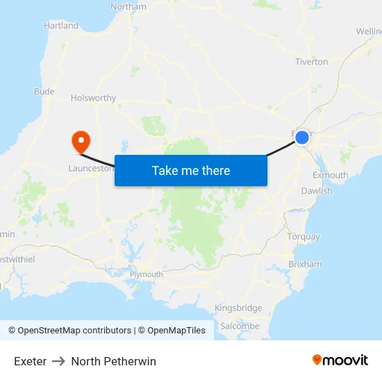 Exeter to North Petherwin map