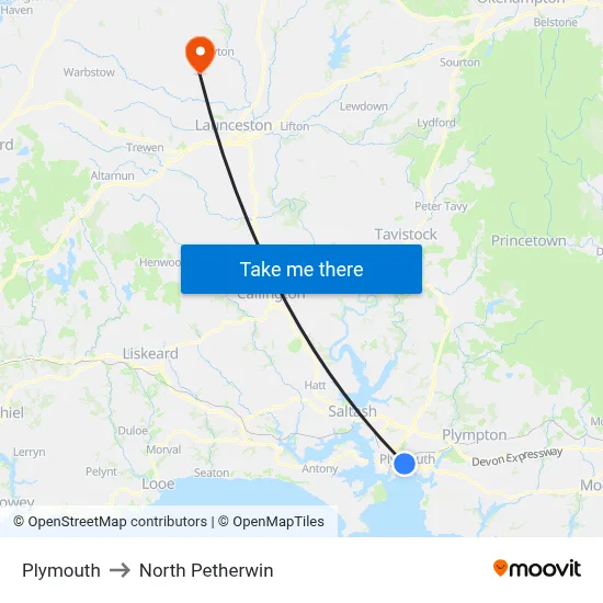 Plymouth to North Petherwin map