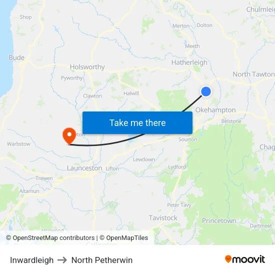Inwardleigh to North Petherwin map