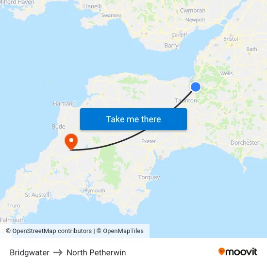 Bridgwater to North Petherwin map